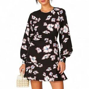 Tanya Taylor Floral Ponte Dress Size 6 Black Long Sleeve Ruffle Hem A-Line